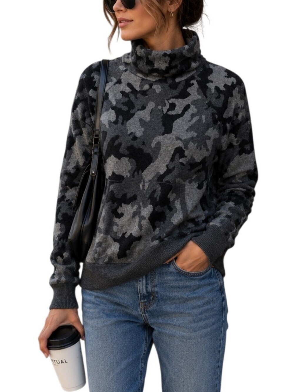 Polo Ralph Lauren Gray Camo 100% Merino Wool Mock Neck Sweater Women’s Size Med.